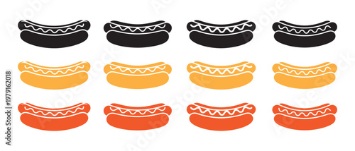 Set of hot dog icons in black, orange, and yellow, arranged in rows on a white background.