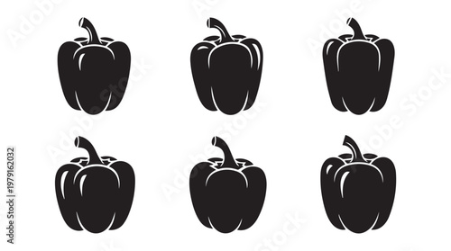 Six Black Silhouette Bell Peppers Isolated on White Background