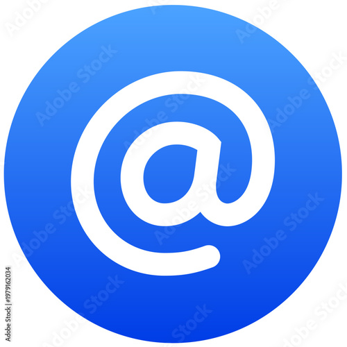 Circular blue at symbol icon for email contact and social media tag