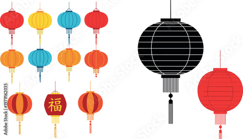 Chinese Lantern Vector Set with Colorful Designs, Red, Yellow, and Blue Lanterns Featuring Chinese Characters for Lunar New Year and Festival Celebrations