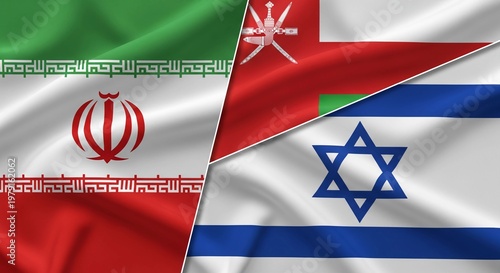 Flags of Iran, Oman, and Israel waving together in a symbol of international relations and diplomacy
