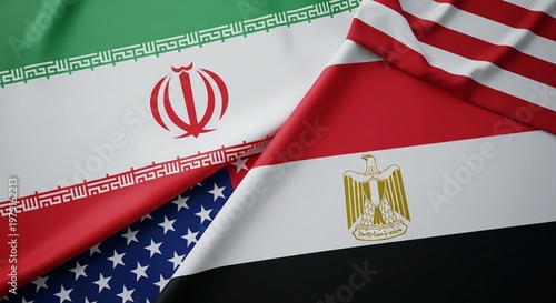 Flags of Iran, Egypt, and the United States displayed together in a symbolic arrangement