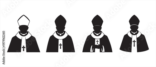 Set of religious clergy and bishop silhouettes in ceremonial attire with mitre hats and crosses, minimalist black and white icons.