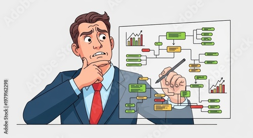 Confused businessman analyzing complex flowchart, stressed executive solving business strategy problems, corporate manager planning workflow on glass board