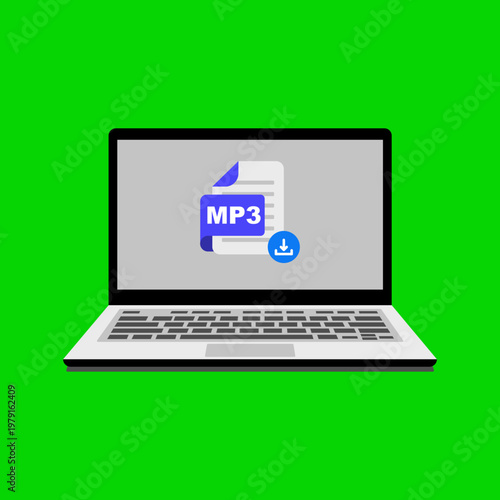 Laptop displaying MP3 file download icon on screen.
