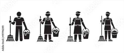 Cleaning staff icons. man with broom and bucket, representing janitorial services and household chores.