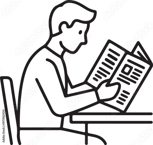 Man reading newspaper while sitting at desk in linear outline style.