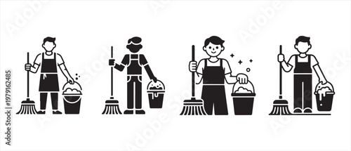 Professional Cleaning Service Staff Icons Set. with Brooms and Buckets, Minimalist Silhouette Illustration on White Background.