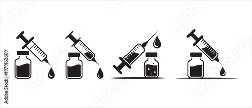 Medical Syringe Drawing and Expelling Fluid from Vial, Vaccination Concept in Monochrome.