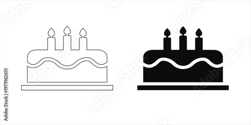 Two black and white birthday cake icons with candles on a white background