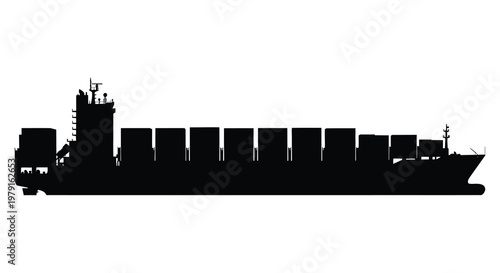 Large container ship at sea depicted in a dark silhouette