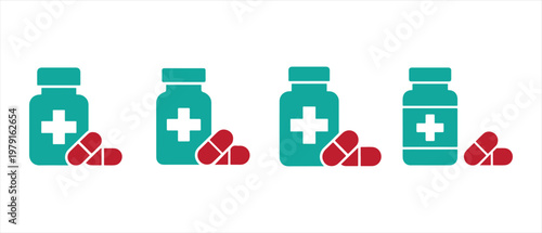 Pharmaceutical Teal Medicine Bottles with White Crosses and Red Capsule Pills Isolated on White Background.