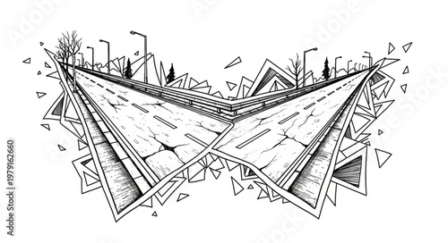 Abstract geometric road intersection with city elements.