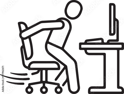 Man standing up from office chair at computer desk for active break.