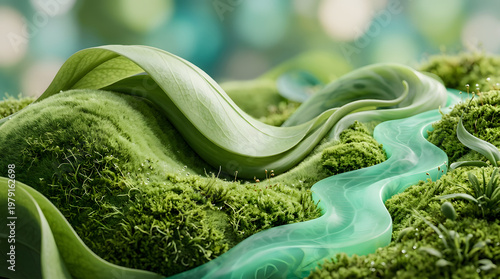 Green organic hills with flowing river and moss textures, eco environment landscape concept with soft natural light and abstract realism