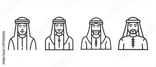 Arab Men Avatars in Traditional Attire, Line Art Icons on White Background, Minimalist Design.