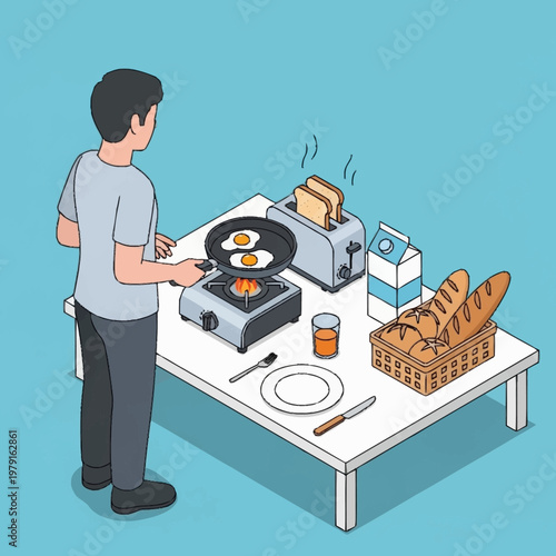 Man cooking breakfast with eggs and bread.