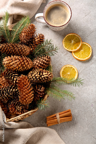 Wicker basket with pine con...