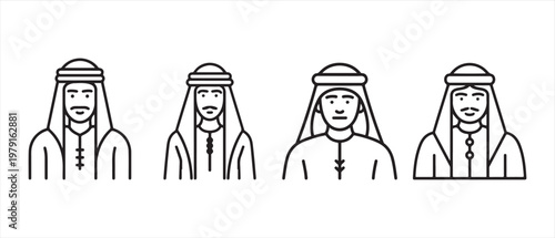 Minimalist Line Art Avatars of Four Diverse Middle Eastern Men in Traditional Ghutra and Thobe Attire.