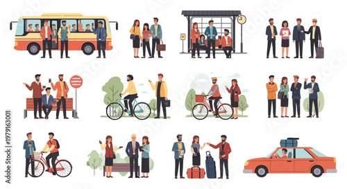 Diverse people using public transport, cycling, and commuting in urban settings.