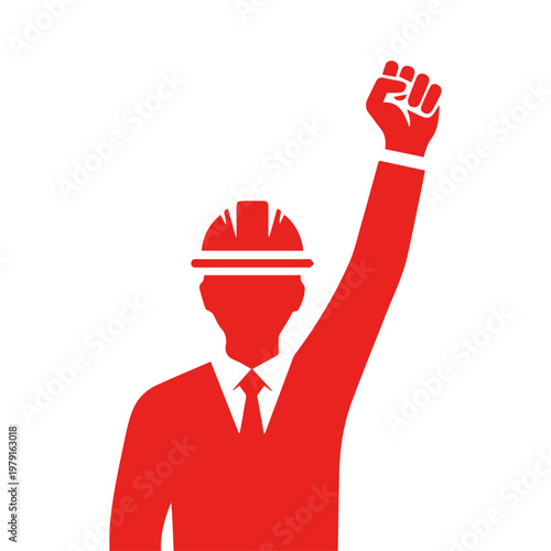 Symbolizing the strength and solidarity of the working class with a raised fist and hard hat, representing labor movements and International Workers' Day
