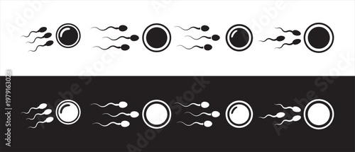 Human Fertilization Process. Graphic Icon Set of Sperm Approaching an Ovum on Contrasting Backgrounds.