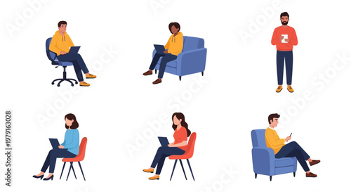 Diverse people working remotely on laptops and phones, seated and standing