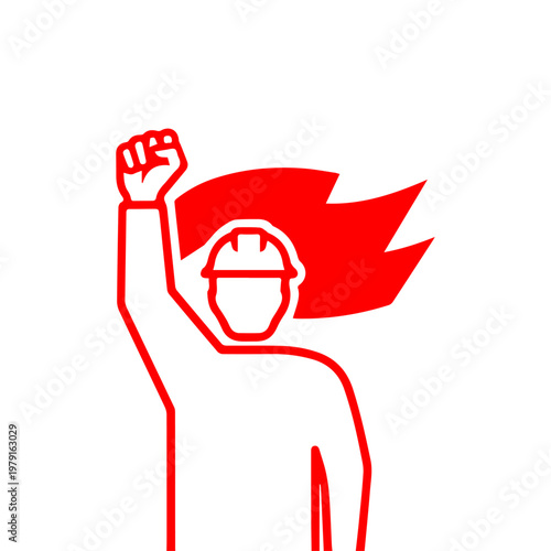 A stylized red outline illustration depicts a person with their arm raised in a fist, symbolizing protest, strength, and solidarity, against a white background with a fiery red element behind the head