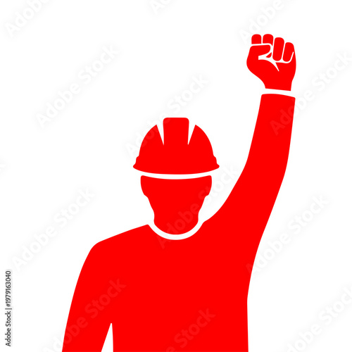 A striking red illustration of a construction worker with a raised fist, symbolizing labor rights, protest, and solidarity, perfect for International Workers' Day