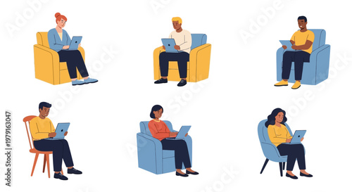 Diverse people working remotely on laptops in comfortable chairs, modern remote work concept