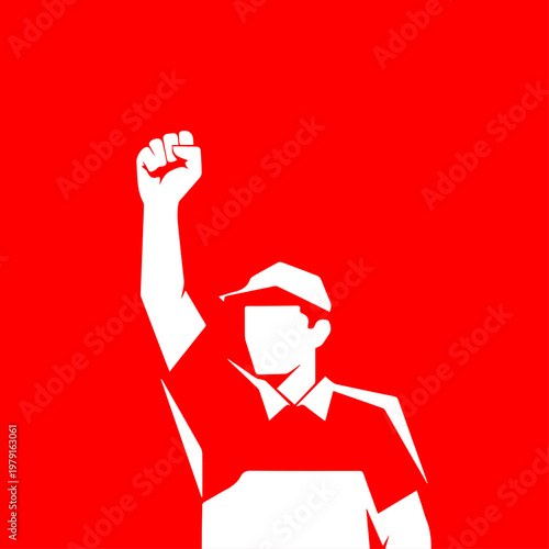 Bold graphic illustration of a worker's raised fist, embodying themes of labor solidarity, protest, and collective empowerment for social justice and unity