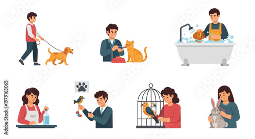 Diverse Pet Care: People Interacting with Animals, Grooming, Feeding, Walking, and Playing