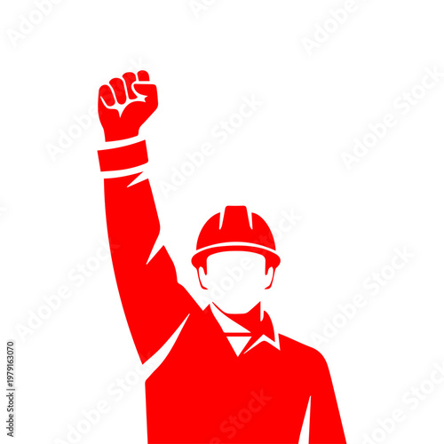Dynamic red illustration of a worker in a hard hat raising a fist, symbolizing labor solidarity, collective power, and the pursuit of worker rights and social equity