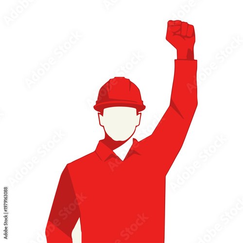 Vector artwork of a worker in a hard hat raising a fist, embodying labor solidarity, collective strength, and the global movement for social justice and human rights