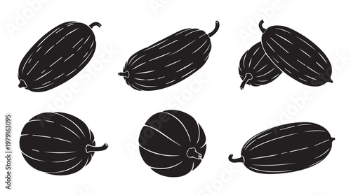 Six stylized black and white melon icons in various orientations for healthy food concepts