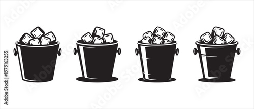 Vintage Black and White Ice Buckets with Cubes, Isolated Graphic Illustration on White Background.