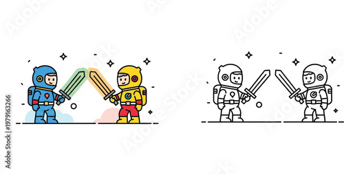 Two Cute Cartoon Boy Astronauts Fighting with Swords in Space Illustration Set, Colored and Black and White Line Art Versions for Kids Coloring Pages and Science Fiction Theme Design (187 Characters)