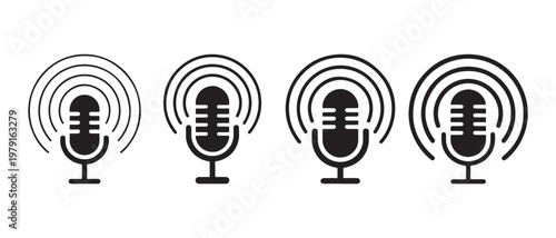 Microphone icons set. with broadcasting waves on white background.