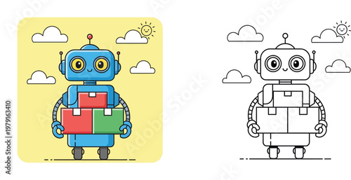 Friendly Cartoon Delivery Robot Carrying Boxes Illustration, Set of Colored and Black and White Line Art Versions for Kids Coloring Book and Logistics Technology Character (174 Characters)