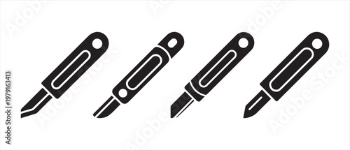 Black Utility Knife and Box Cutter Icons Set. with Various Blades, Vector Silhouettes Isolated on White Background.