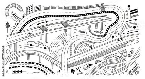 Abstract illustration of a complex highway interchange with city buildings.