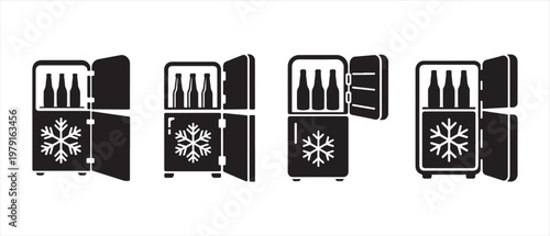 Retro Refrigerators with Open Doors and Bottles Icon Set. Flat Design Coolers with Snowflake Symbol.