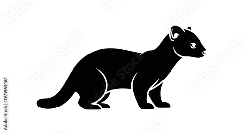 A black silhouette of a ferret standing on its four legs and looking to the right.