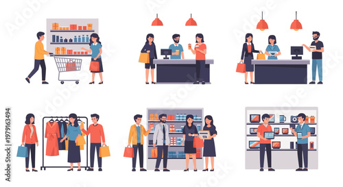 Diverse Shoppers, Retail Scenes: Grocery, Clothing, Electronics, and Cafe Interactions