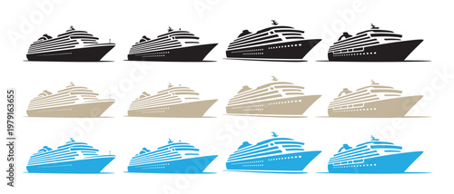 Cruise Ship Set. Collection of Stylized Ship Illustrations in Black, Beige, and Blue Tones.