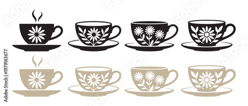 Set of Floral Decorated Coffee Cups and Saucers, Two Black, Two Beige, Isolated on White Background.