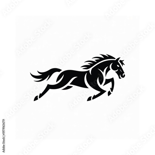 A striking black silhouette of a galloping horse is prominently displayed