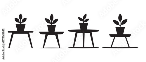 Potted Plants on Various Table Designs Isolated on White Background.