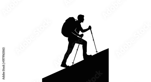 Hiker climbing steep mountain slope.