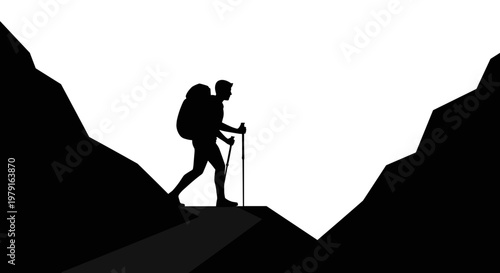 Hiker on mountain peak silhouette.